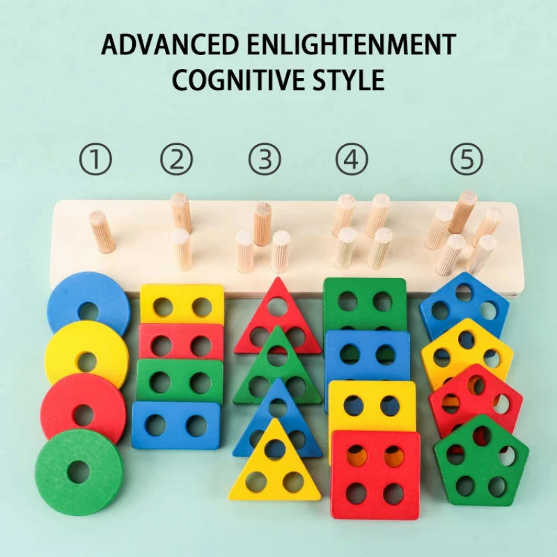 Montessori Wooden Geometric Shape Five Sets of Columns Blocks Assembling Children'S Enlightenment Early Education Puzzle Toys