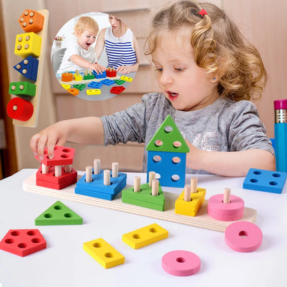 Montessori Wooden Geometric Shape Five Sets of Columns Blocks Assembling Children'S Enlightenment Early Education Puzzle Toys