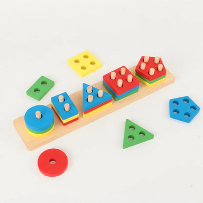 Montessori Wooden Geometric Shape Five Sets of Columns Blocks Assembling Children'S Enlightenment Early Education Puzzle Toys